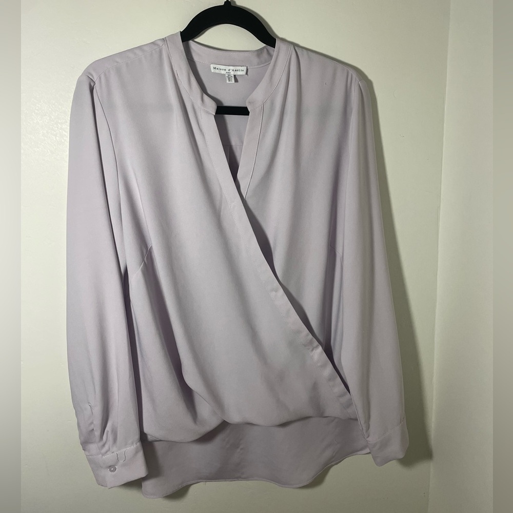 Madison d’Amelie Surplice, high low blouse lavender, V neckline, long sleeve.